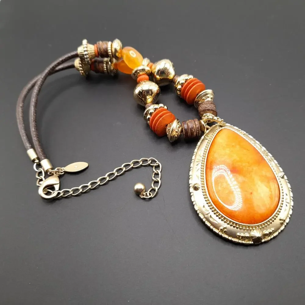 Chico's Beaded Gemstone Pendant Necklace, Leather Cord, 21 1/2